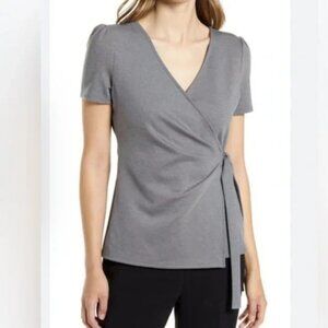 NEW HALOGEN V-neck Wrap Tie Top Grey Knit Short Sleeve S